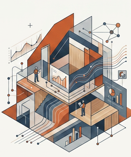 Isometrinen kuvitus rakennuksesta, jossa näkyy kerroksia, dataa ja tarkastajia
